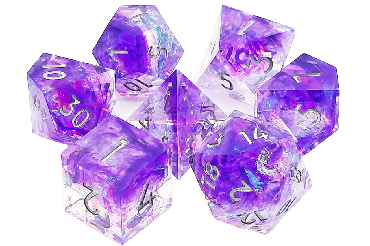 Old School 7 Piece DnD RPG Dice Set: Sharp Edged - Burst of Purple | Grognard Games