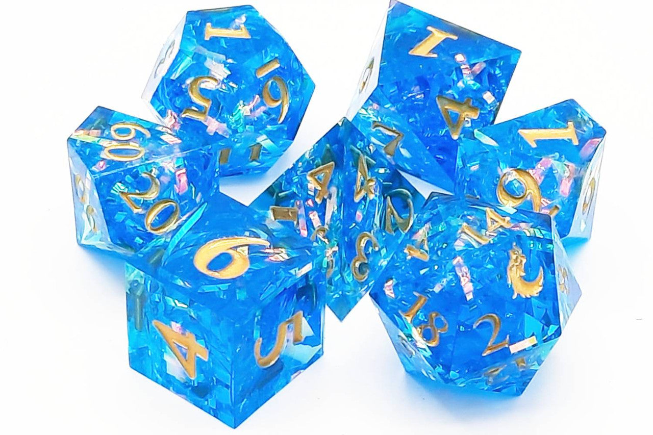 Old School 7 Piece DnD RPG Dice Set: Sharp Edged - Aquamarine Blast | Grognard Games