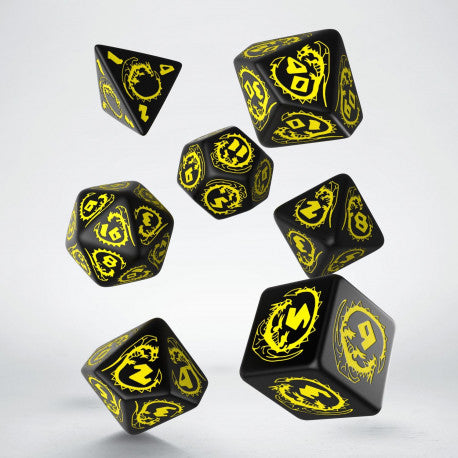 Q Workshop Dragons Black & yellow Dice Set (7) | Grognard Games