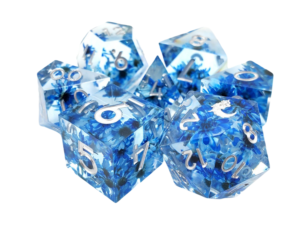 Old School 7 Piece DnD RPG Dice Set: Sharp Edged - Blue Flower | Grognard Games