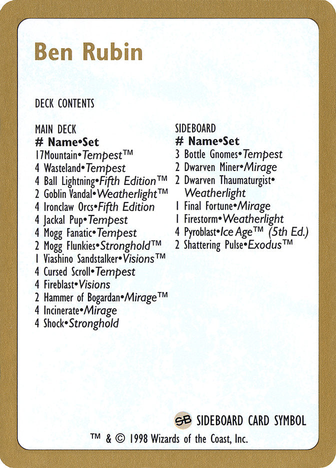 Ben Rubin Decklist [World Championship Decks 1998] | Grognard Games