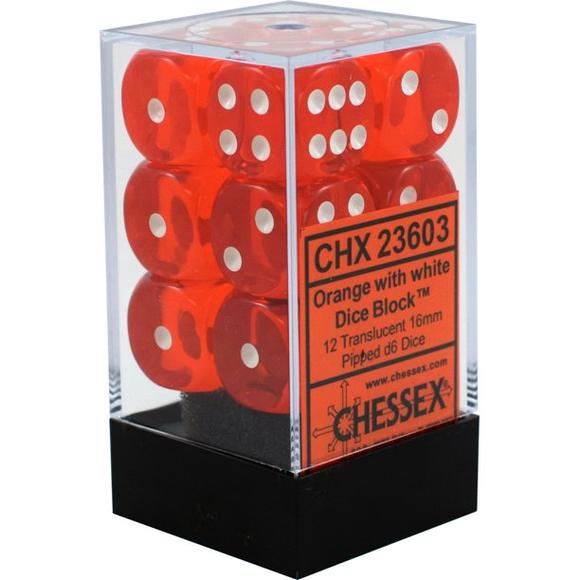 CHX23603 Translucent Orange/White - Set of 12 D6 | Grognard Games