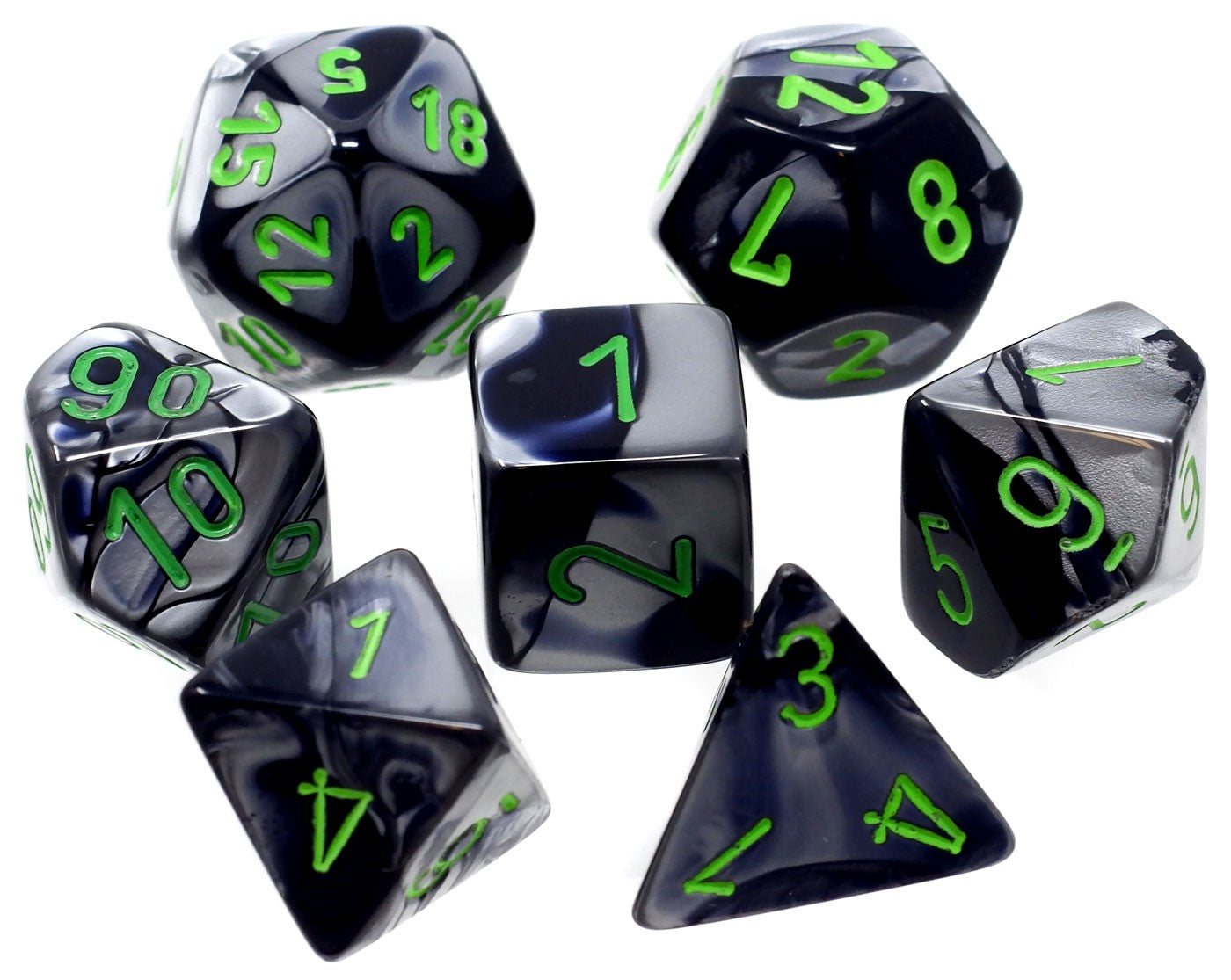 CHX26445 Gemini Black-Grey/Green 7 die set | Grognard Games