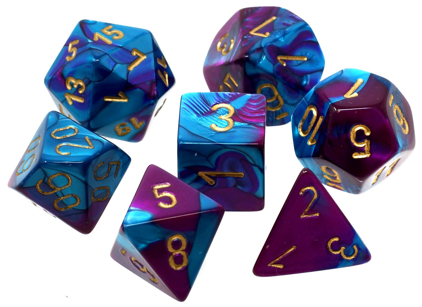 CHX26449 Gemini Purple-teal/Gold 7 die set | Grognard Games