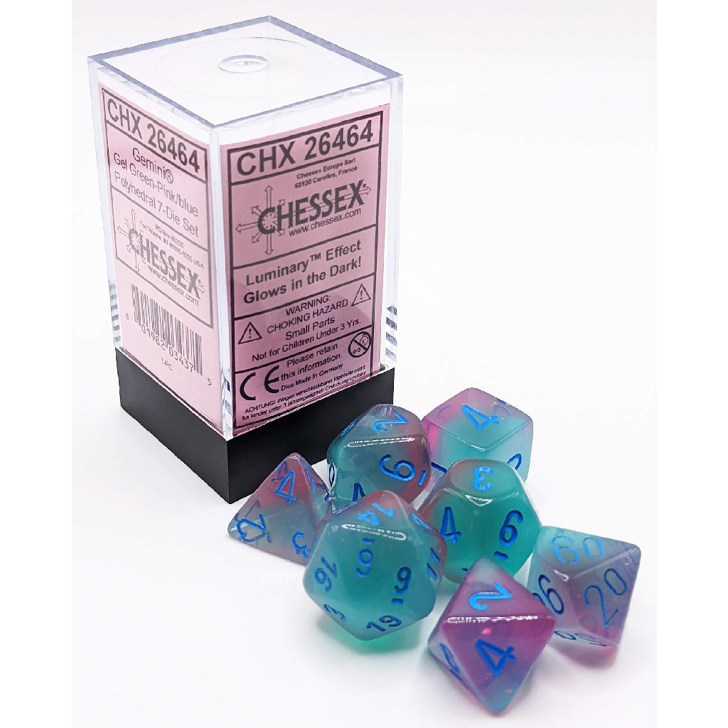 CHX26464 Polyhedral 7-Die Set: Gemini: Gel Green-Pink/Blue Luminary | Grognard Games