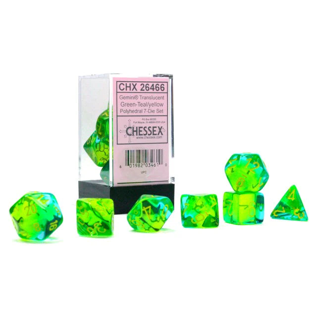 CHX26466 Polyhedral 7-Die Set: Gemini: Translucent Green-Teal/Yellow | Grognard Games