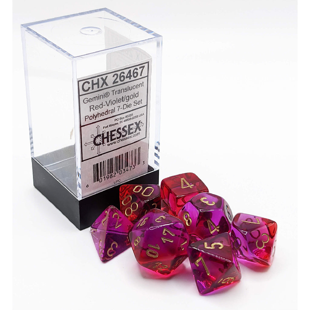 CHX26467 Polyhedral 7-Die Set: Gemini: Translucent Red-Violet/Gold | Grognard Games