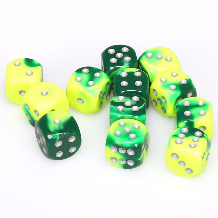 CHX26654 Gemini Green-Yellow/Silver 12 D6 Set | Grognard Games