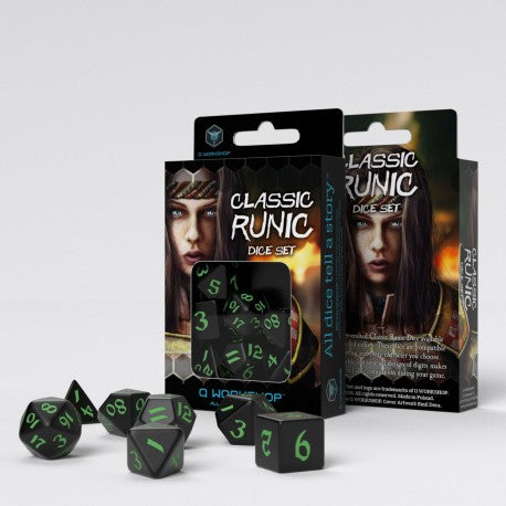 Q Workshop Classic Runic Dice Set (Black & Green) | Grognard Games