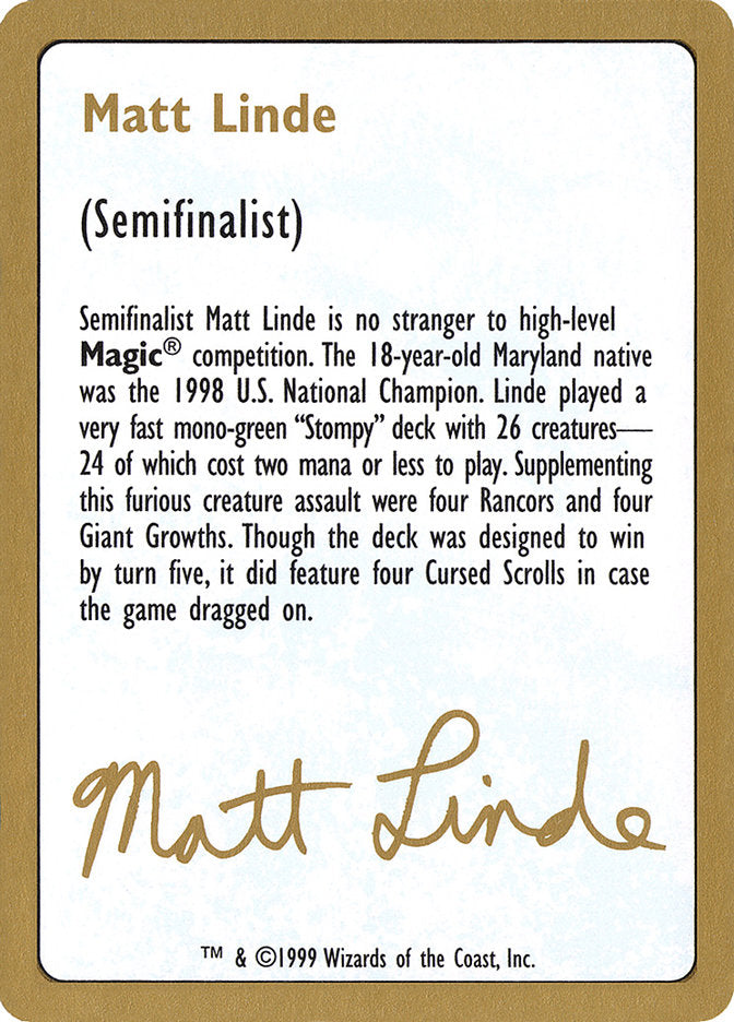 Matt Linde Bio [World Championship Decks 1999] | Grognard Games