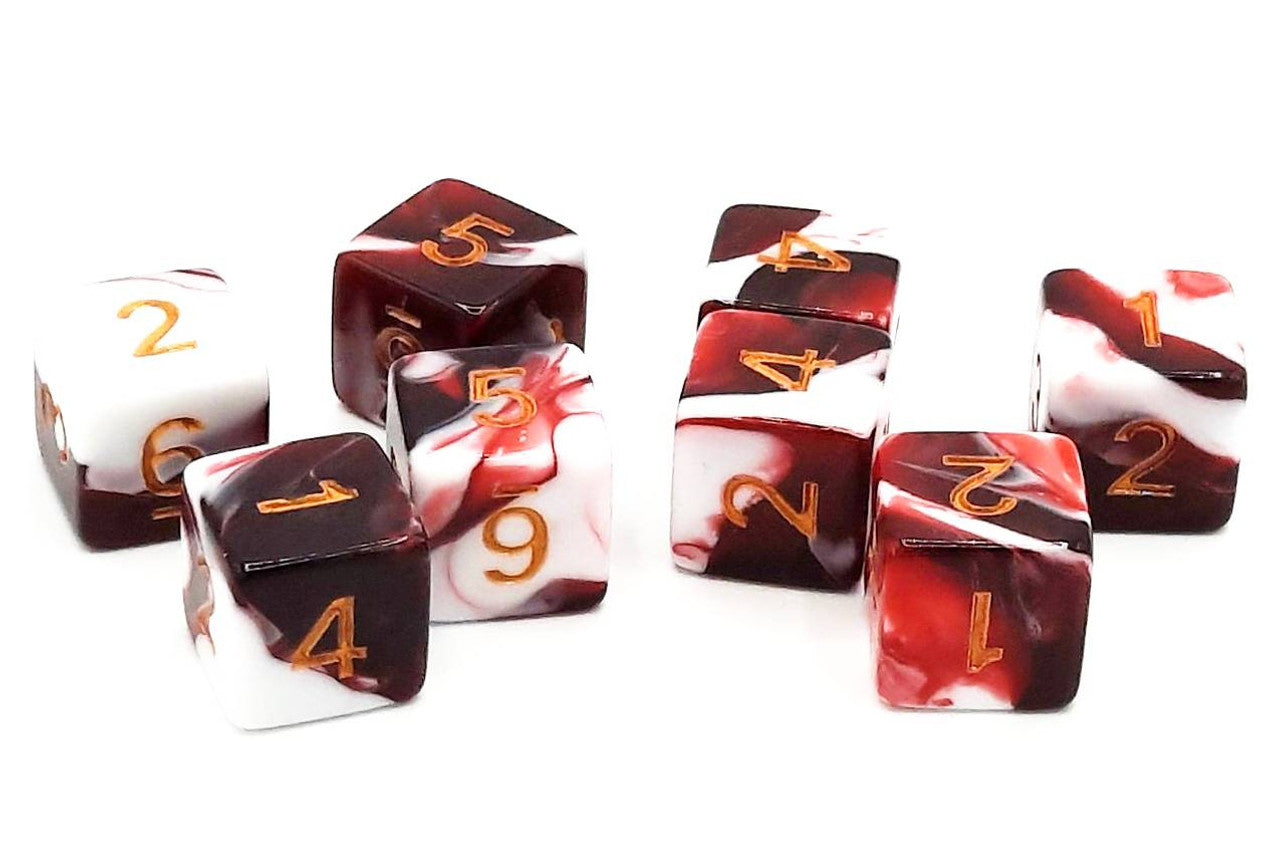 Old School 8-Piece D6 Dice Set: Vorpal - Blood Red & White w/ Gold | Grognard Games