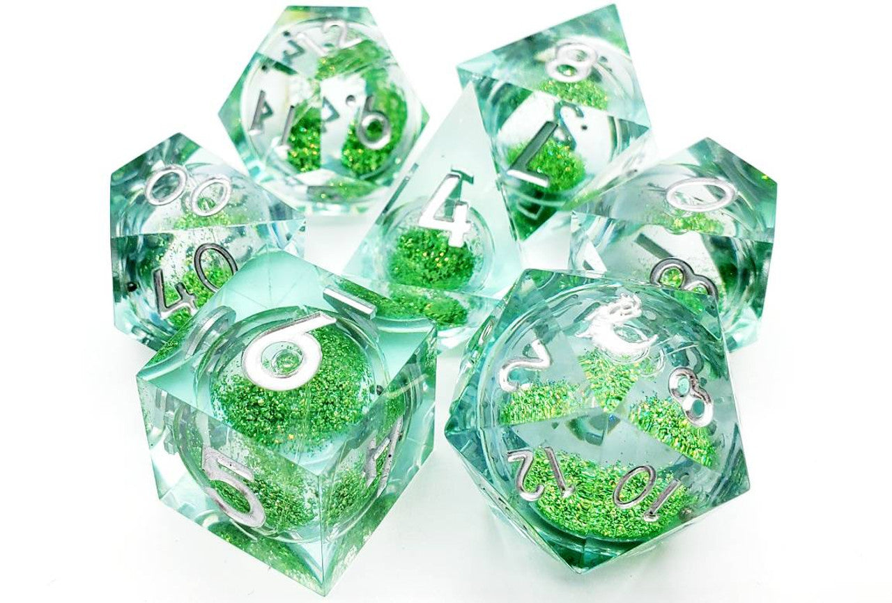 Old School Dice and Accessories Sharp Edged Liquid Infused - Emerald Fury Dice Set | Grognard Games