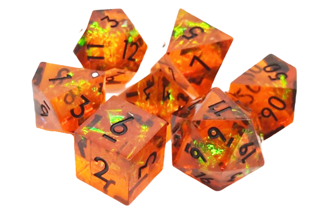 Old School 7 Piece DnD RPG Dice Set: Sharp Edged - Exploding Pumpkins | Grognard Games