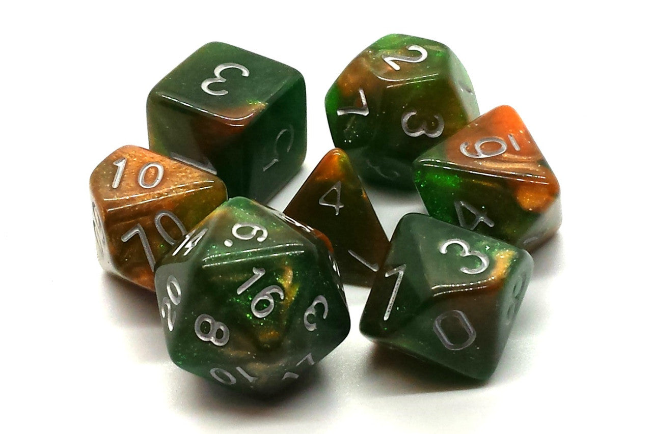 Old School 7 Piece DnD RPG Dice Set: Galaxy - Emerald & Orange | Grognard Games