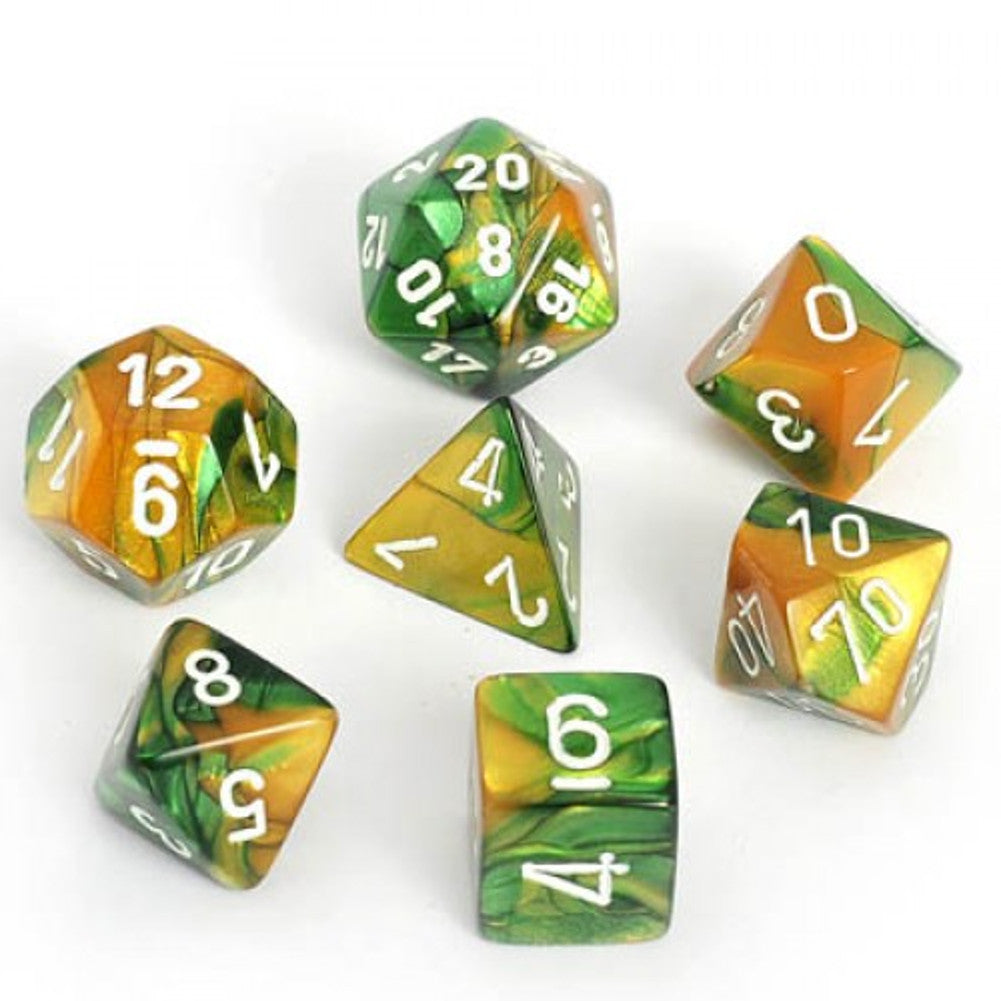 CHX26425 Gemini Gold/Green-white 7 die set | Grognard Games