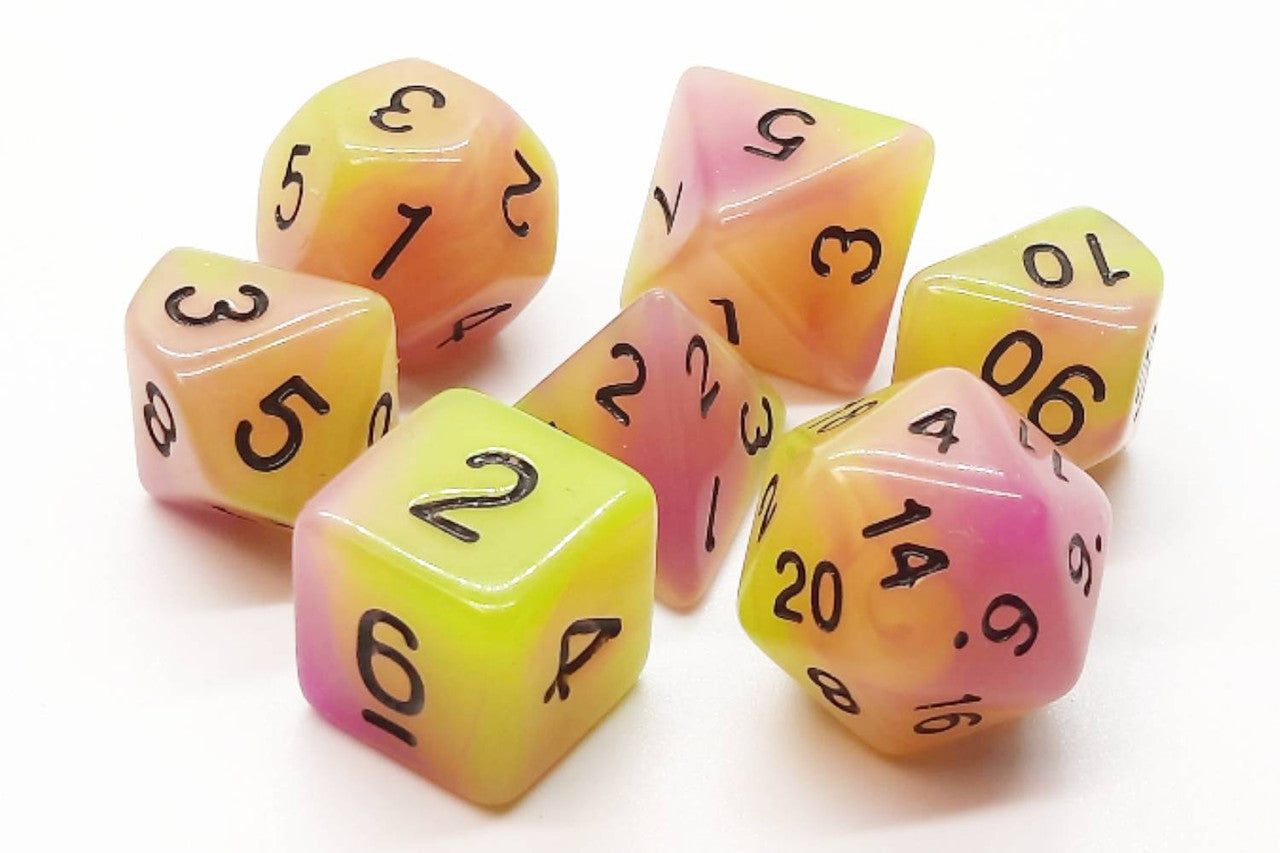 Old School 7 Piece DnD RPG Dice Set: Glow Dice - Yellow & Purple | Grognard Games