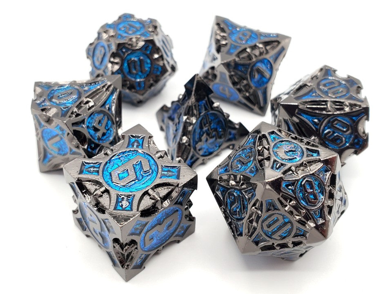 Old School Dice and Accessories Gnome Forged - Black Nickel W/Blue Dice Set | Grognard Games