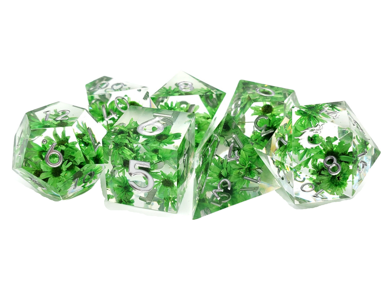 Old School 7 Piece DnD RPG Dice Set: Sharp Edged - Green Flower | Grognard Games