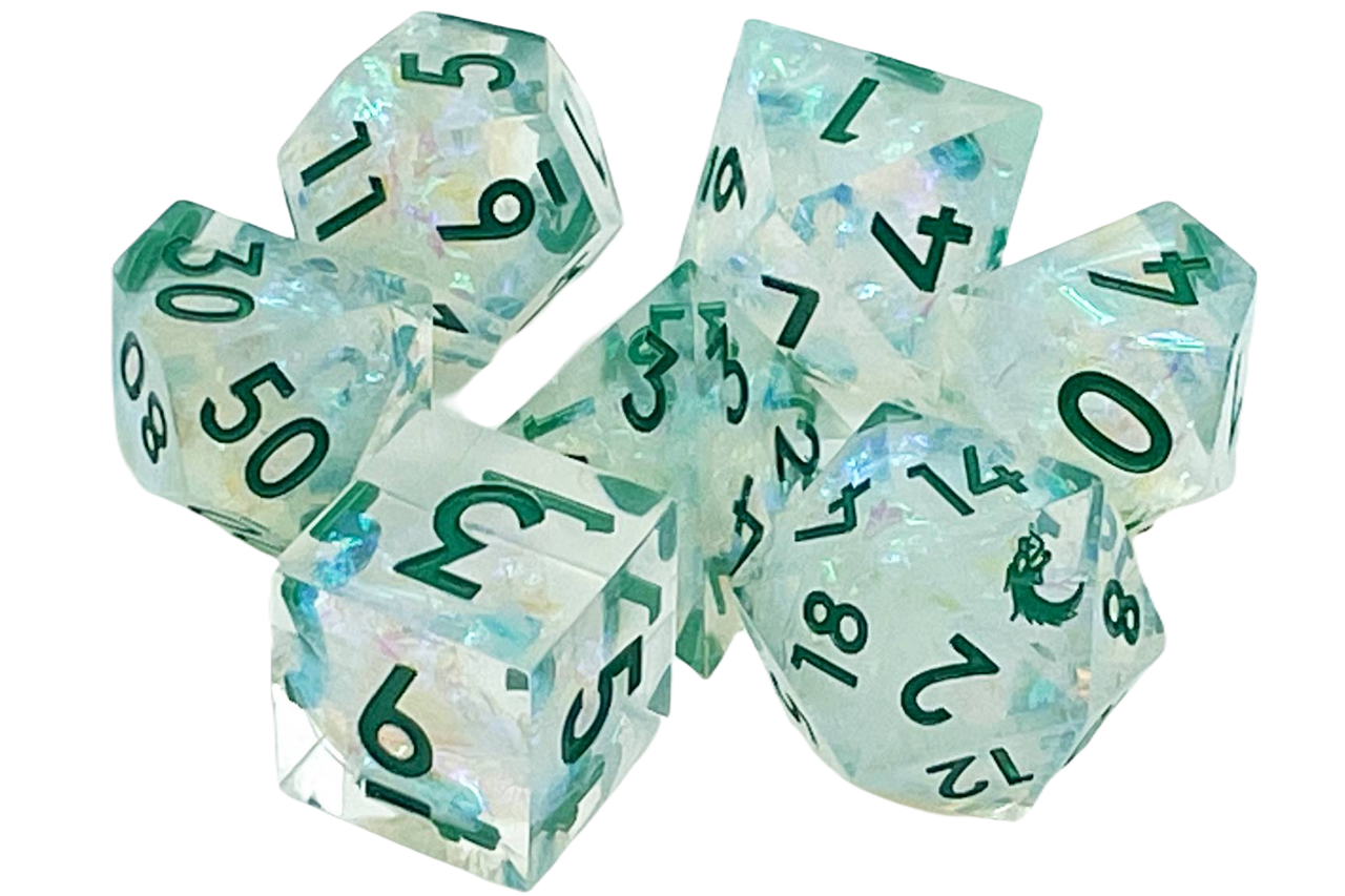 Old School 7 Piece DnD RPG Dice Set: Sharp Edged - Green Ice | Grognard Games