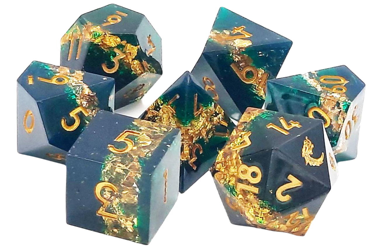 Old School 7 Piece DnD RPG Dice Set: Sharp Edged - Hunter's Mark | Grognard Games