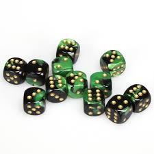 CHX26639 Gemini Black-Green/gold 12 D6 Set | Grognard Games