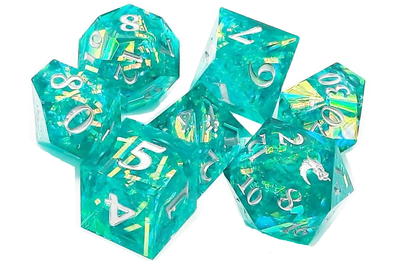 Old School 7 Piece DnD RPG Dice Set: Sharp Edged - Jade Blast | Grognard Games