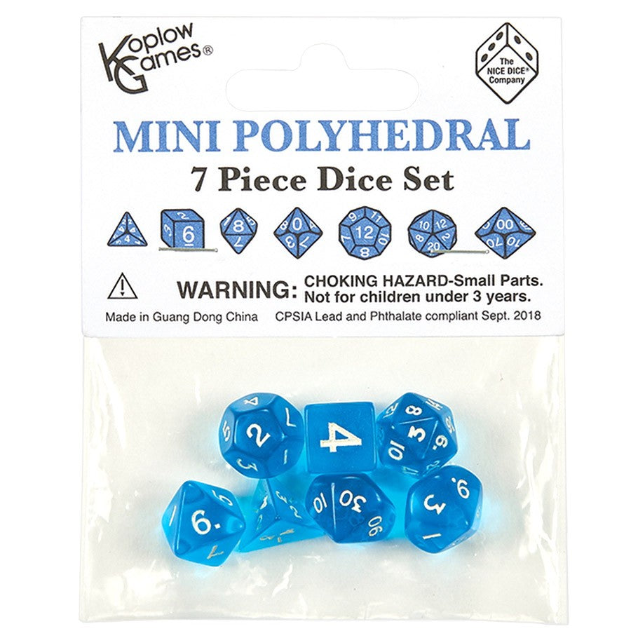 Koplow games Transparent Blue/White mini 7 die set | Grognard Games