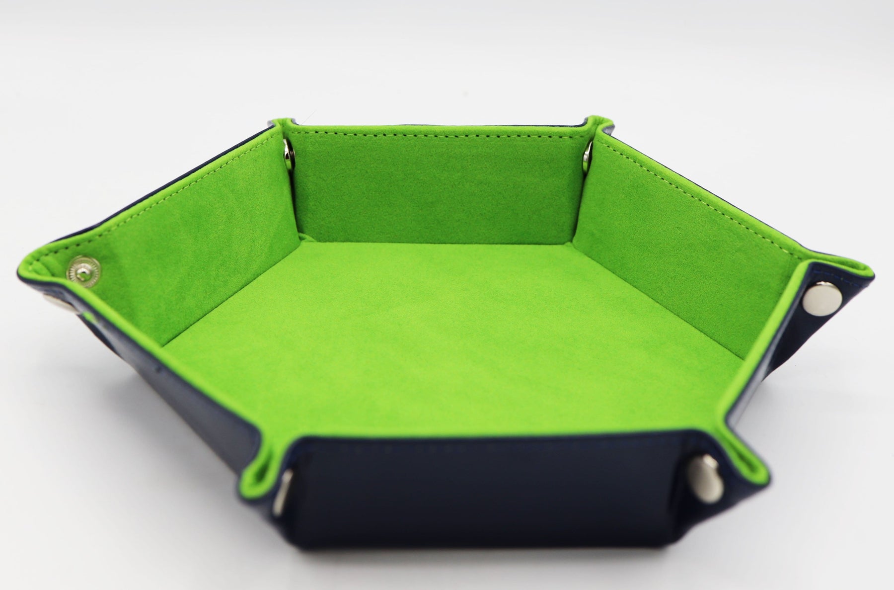 LEATHERETTE & VELVET HEX DICE TRAY (NAVY WITH LIME) | Grognard Games