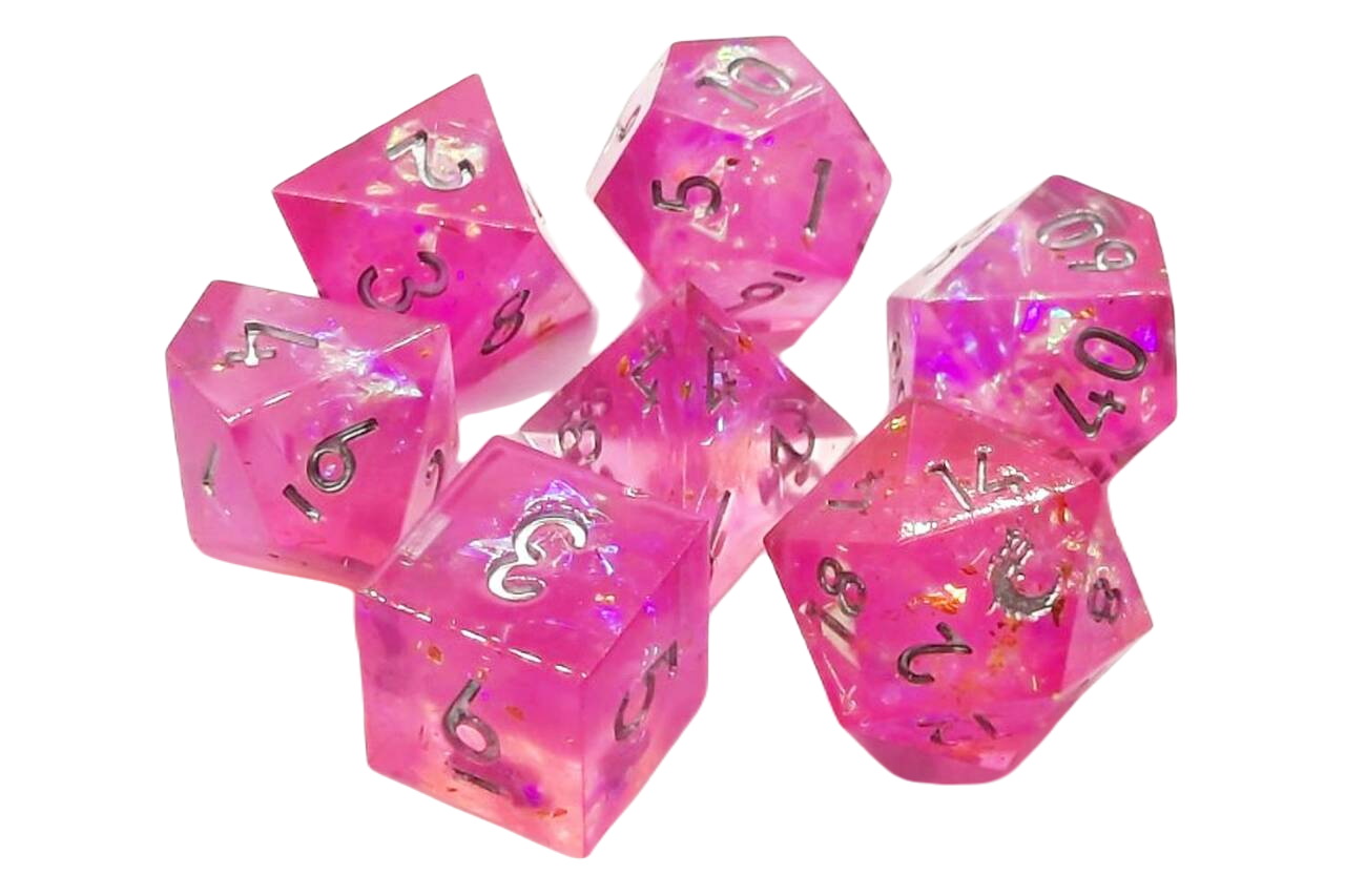 Old School 7 Piece DnD RPG Dice Set: Sharp Edged - Magenta Dreams | Grognard Games