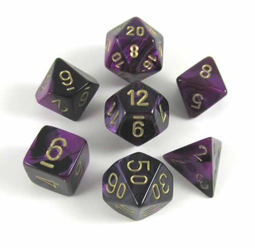 CHX26440 Chessex Gemini Black-Purple/gold 7 dice set | Grognard Games