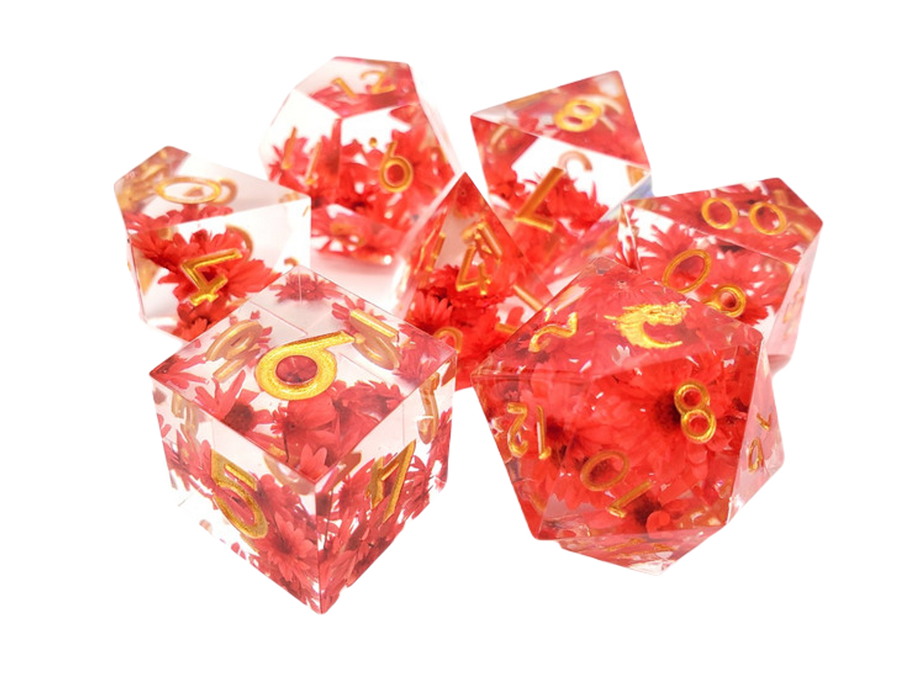 Old School 7 Piece DnD RPG Dice Set: Sharp Edged - Red Flower | Grognard Games