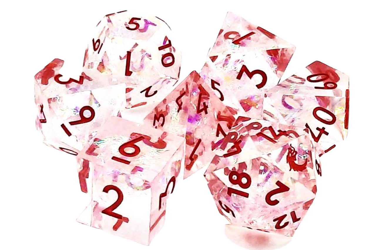 Old School 7 Piece DnD RPG Dice Set: Sharp Edged - Red Ice | Grognard Games