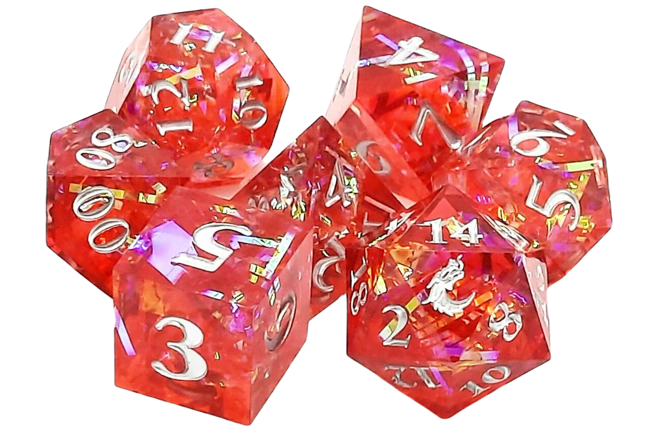 Old School 7 Piece DnD RPG Dice Set: Sharp Edged - Red Ruby Blast | Grognard Games