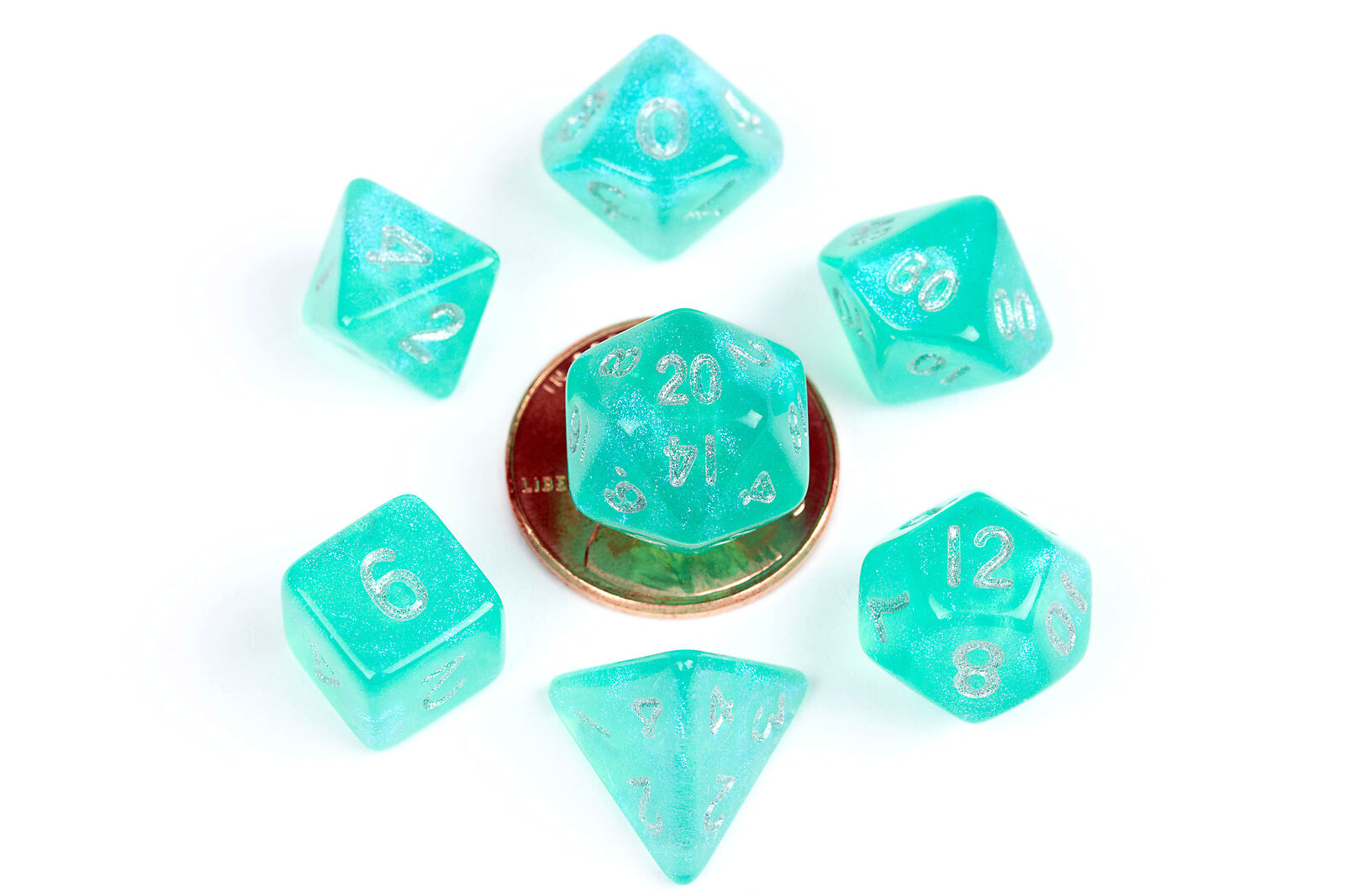 Metallic Dice Games 4180 Stardust Teal/Silver Mini RPG Dice | Grognard Games