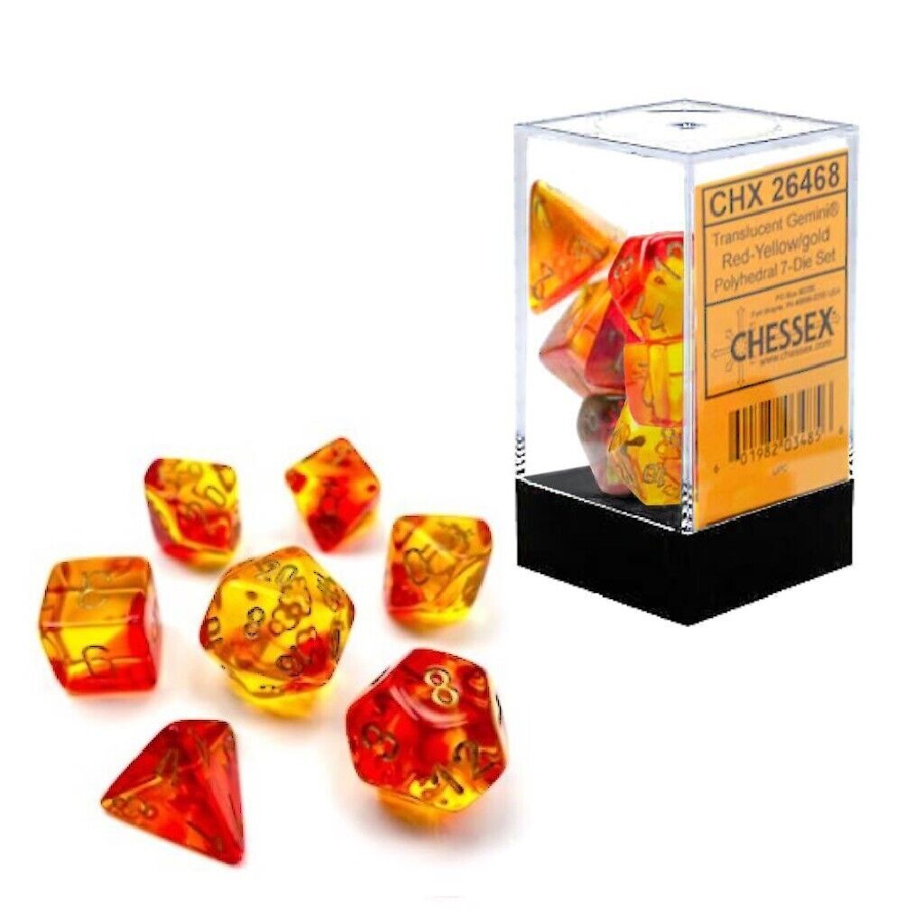 CHX26468 Polyhedral 7-Die Set: Gemini: Translucent Red-Yellow/Gold | Grognard Games