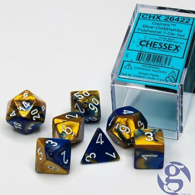 CHX26422 Gemini Blue-Gold/white 7 dice set | Grognard Games