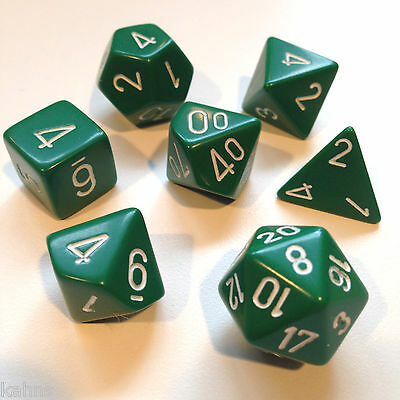 CHX25405 Opaque Green/White 7 dice set | Grognard Games