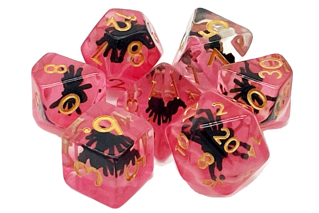 Old School 7 Piece DnD RPG Dice Set: Animal Kingdom - Spider - Black w/ Red | Grognard Games