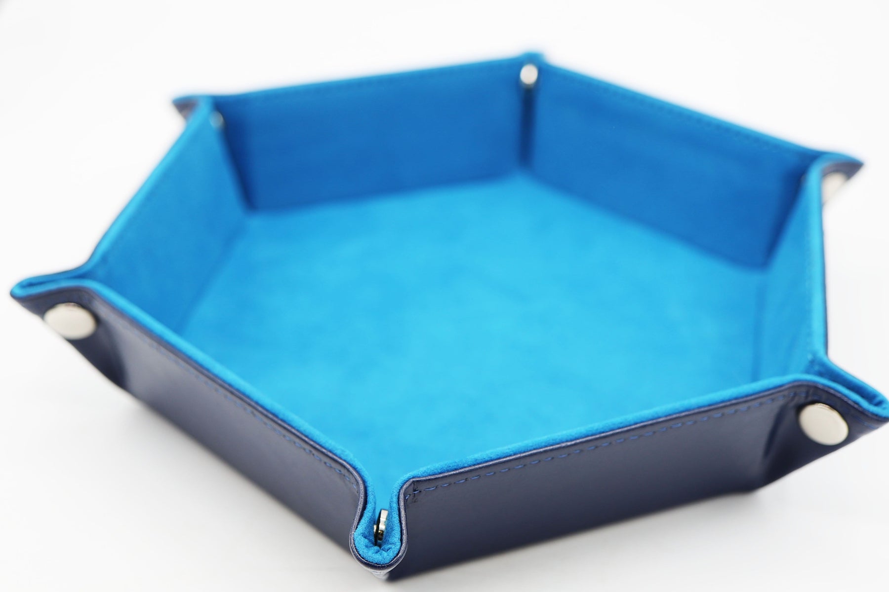 LEATHERETTE & VELVET HEX DICE TRAY (NAVY WITH TEAL) | Grognard Games