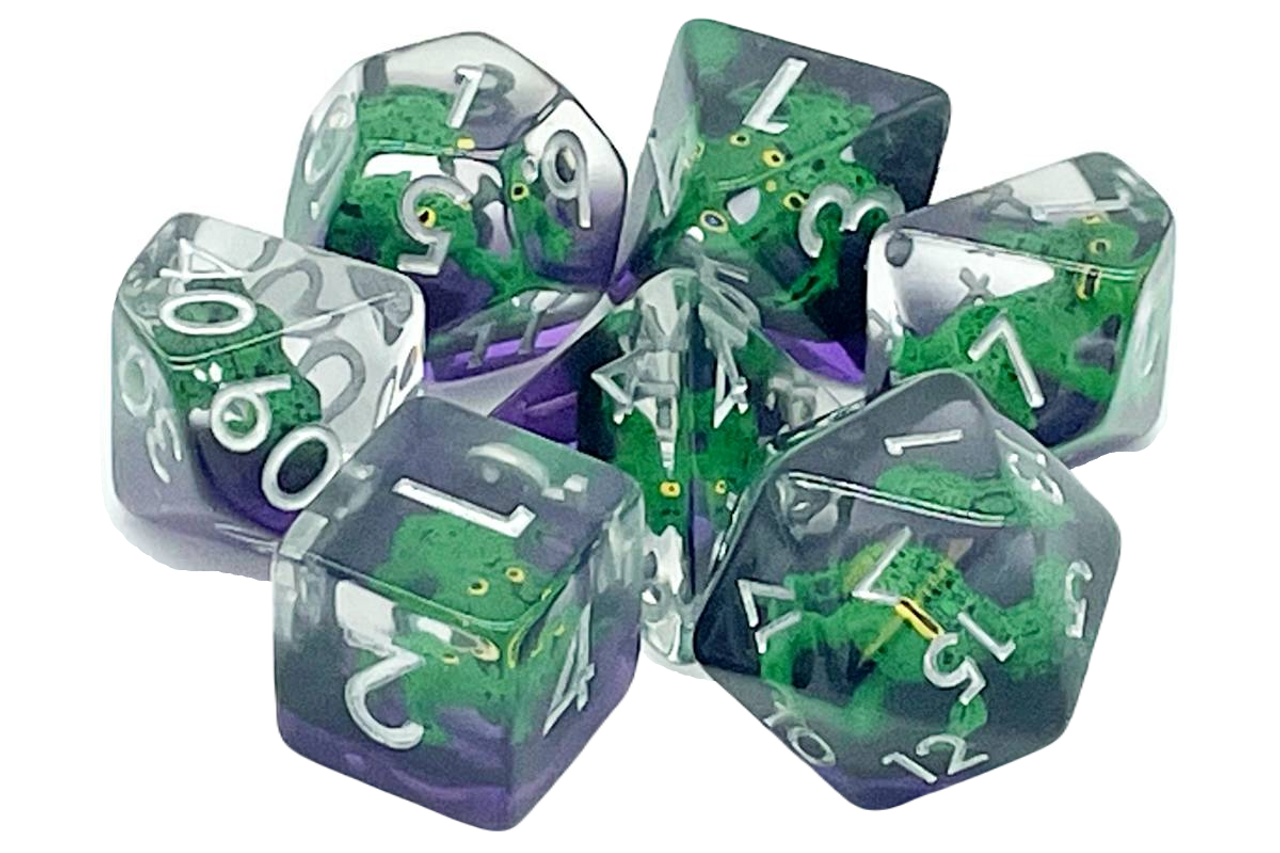 Old School 7 Piece DnD RPG Dice Set: Animal Kingdom - Toad - Green w/ Purple | Grognard Games