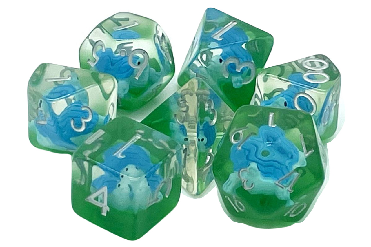 Old School 7 Piece DnD RPG Dice Set: Animal Kingdom - Turtle - Blue w/ Green | Grognard Games