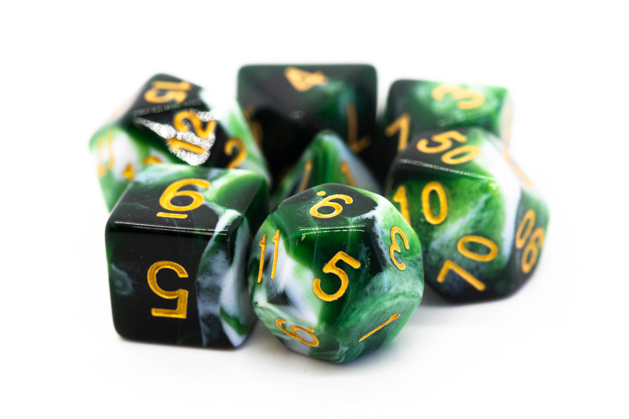 Old School 7 Piece DnD RPG Dice Set: Vorpal - Green & White w/ Gold | Grognard Games