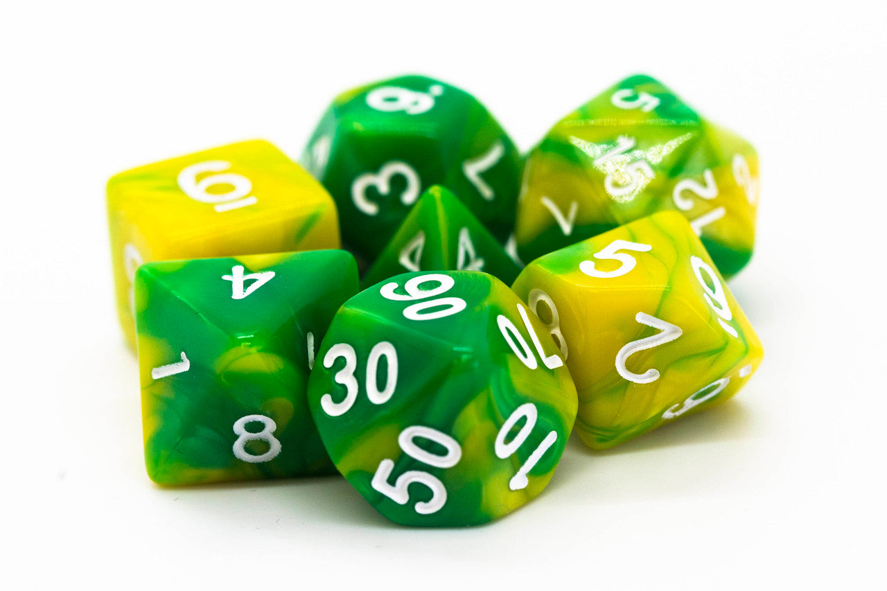 Old School 7 Piece DnD RPG Dice Set: Vorpal - Green & Yellow | Grognard Games